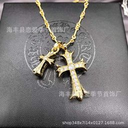 thumbnail for Crouchun&#039;s New Full Diamond Double Cross Necklace Retro Pendant Douyin Popular Jewelry Men and Women Couple&#039;s Day Bamboo Chain