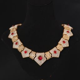 thumbnail for 中古vintage高级感小众气质铜镀做旧金红琉璃方形镶钻项链套装