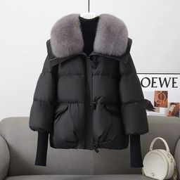 thumbnail for 2025 winter new down cotton jacket women's short foreign style Korean version loose cotton jacket women's large fur collar thickened padded jacket