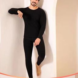 thumbnail for Conjunto térmico grosso forrado de lã de inverno para homens e mulheres, camada de base de roupa íntima de rosto redondo de rocha vulcânica para meia-idade e idosos.