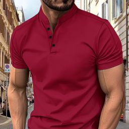 thumbnail for Camisa polo casual de manga curta com gola alta em tecido waffle para homens da AliExpress e Amazon.