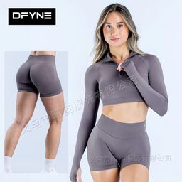 thumbnail for DFYNE Short Half Zipper Long Sleeve Running Top Shorts Set Fitness, Yoga Stretch Casual Quick Dry