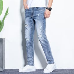 thumbnail for Pure Cotton Stretch Denim Pants Slim Small Straight Spring & Fall Regular Stretch Youth Mid-Waist Jeans Xintang Supply