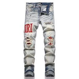 thumbnail for Suxiaochao Retro Patchwork Am Distressed Patch Jeans Men's Embroidered Slim Fit Skinny Pants Men's Long Pants