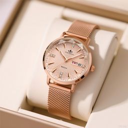 thumbnail for Relógio feminino tiktok venda quente ao vivo pulseira milanesa moda simples fino duplo calendário diamante à prova d&#039 água versão coreana modelo feminino