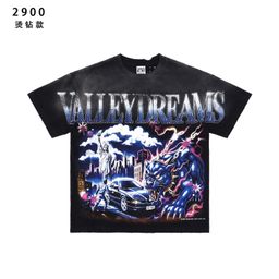 thumbnail for 跨境美式潮牌Vale水洗做旧印花短袖牛仔短裤宽松街头时尚T恤男女