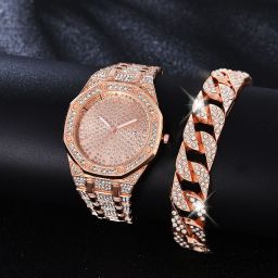 thumbnail for Business Fashion Trendy Diamond Octagonal Dial Quartz Watch + Diamond Bracelet 2Pcs/Set