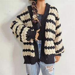 thumbnail for *Autumn and winter jackets, new cross-border European and beautiful clothing, warm cardigans, sweaters, three-dimensional contrasting striped casual jackets