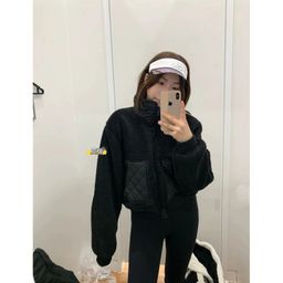 thumbnail for In stock ALOANGT Autumn Winter Brown Lambwool Hooded Short Jacket Warm Athleisure Stand Collar Zip Jacket