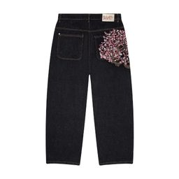 thumbnail for Cross-border derschutze Japanese Harajuku jeans street American vintage cherry blossom embroidery heavy industry loose trousers