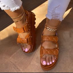 thumbnail for Foreign trade thick-soled sandals women's 24 summer new rivet plaid muffin European and American plus size one-word velcro Roman sandals