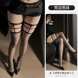 thumbnail for Sexy black and red strappy over-the-knee socks thin pure desire bow leg rings stockings erotic contrast black silk 3437