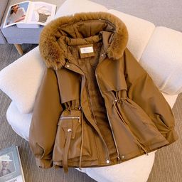 thumbnail for Pai overcomes the mid-length women's waist to look slim, hooded, large fur collar and fleece cotton jacket, large size Korean autumn and winter jacket to keep warm