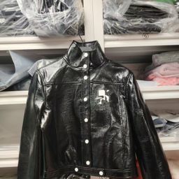 thumbnail for Trendy luxury French niche cou logo silhouette lapel PU leather jacket black bur**dy short jacket skirt set
