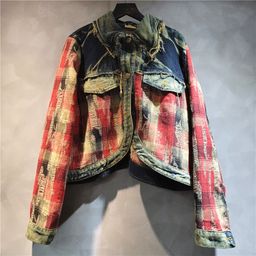 thumbnail for Design sense personality fashion trend 2024 autumn new distressed stitched raw edge loose plaid denim jacket women's trend