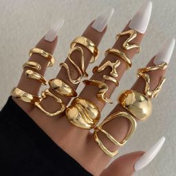 thumbnail for European and American cross-border environmental protection personality exaggerated golden lava lines irregular water drop glossy ring set of 15 pieces