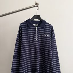 thumbnail for 711c MIU Style Preppy Retro Casual Navy Teal Striped Lapel Half Zip Sweatshirt Unisex