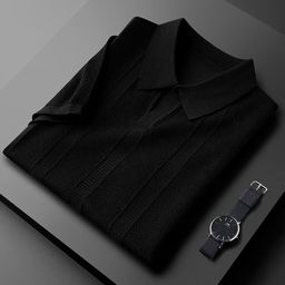 thumbnail for Camisa polo de seda gelada, cor pura, manga curta, masculina, verão, cor pura, camisa polo de negócios, simples, multicolorida, lapela, top de malha, na moda