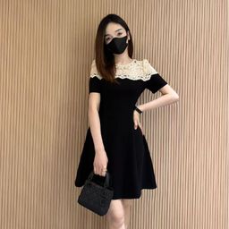 thumbnail for Summer 2025 short sleeve fashion dress cinched waist new casual design sense loose lace stitching slim skirt