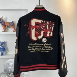 thumbnail for Trendy brand, European and American trendy brand, AC Milan, heavy craft embroidery stitching, leather sleeves, OFF, versatile baseball jersey, jacket, jacket, jacket, jacket