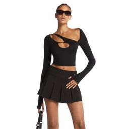 thumbnail for iamgia asymmetrical babes chest cut-out skinny pullover hand long sleeves crop top off-the-shoulder sexy high waist buckle t-shirt