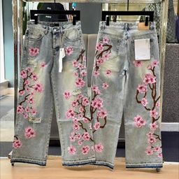 thumbnail for European and American retro trendy brand cherry blossom embroidered jeans for men and women, y2k Harajuku hip-hop hole-through straight floor-length trousers