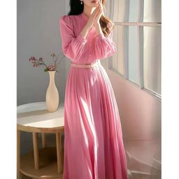 thumbnail for Pink Long-sleeved Shirt dress Spring Women&#039;s French Style Gentle and Beautiful Elegant Seaside Vacation Style Tight Waist Skirt