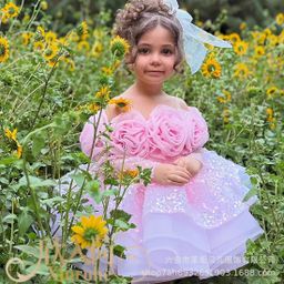 thumbnail for Children's sequin puffy skirt 2025 new girls' performance costume one-shoulder cross-border princess dress first birthday dress