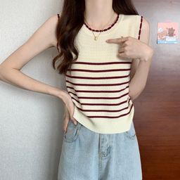 thumbnail for Pullover Striped Knitted Women's Outer Wear Summer New Slim Fit Versatile Short Sleeveless Sweet and Cute Top for Women