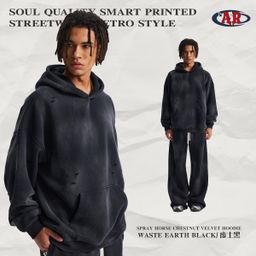 thumbnail for 2026 Autumn and Winter New Style Distressed Wash-Out Fleece Sweatshirt and Sweatpants Set Cross-Border Supply