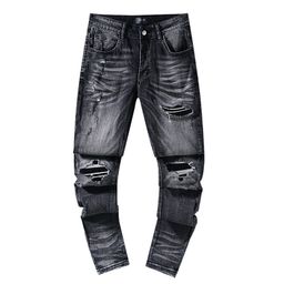 thumbnail for Cross-Border Wholesale Purp1E American High Street Style Ripped Patch Trendy Retro Straight-Leg Am1Ri Jeans Brand