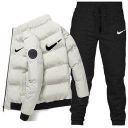 thumbnail for Conjunto de casaco de algodão com gola alta 2023 + calças com logotipo de carro, roupa casual elegante de inverno masculina, grosso e quente, de algodão acolchoado.