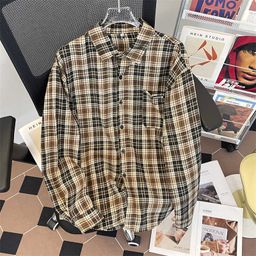 thumbnail for Japanese khaki plaid long-sleeved shirt men's and women's couple shirts Spring and autumn American casual trendy brand loose jackets