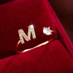 thumbnail for TEMU Hot Sale 26 English Alphabet Micro-inlaid Zircon Fashion Women&#039;s Ring Copper Plated 14K Open in stock Ring