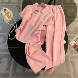 thumbnail for Traje deportivo para mujer verano nueva moda estilo occidental hebilla cintura manga corta pantalones anchos traje casual de dos piezas de moda