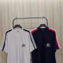 thumbnail for Correct Version of Balenciaga Raglan Sleeve Color-Blocked Embroidered Classic Logo Heavyweight High-End Short-Sleeve T-Shirt for Men and Women