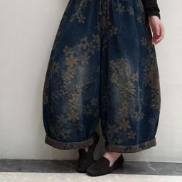 thumbnail for Large pants 2026 autumn new collection, artistic versatile loose flocked jeans, elastic waist fashionable plus-size pants