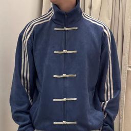 thumbnail for Blue and white stitched three-bar stand-up collar jacket men's spring popular wear new Chinese disc buckle high-end Tang top