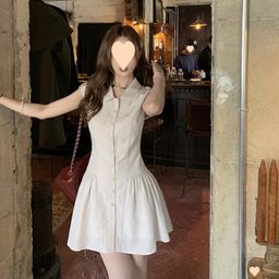 thumbnail for New Korean version of student polo neck dress American hot girl slim slim skirt women's summer sleeveless shirt skirt