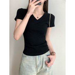 thumbnail for Right Shoulder Short-Sleeved T-Shirt for Women 2025 New Summer Basic Slim Fit American Floral Gray V Neck Top