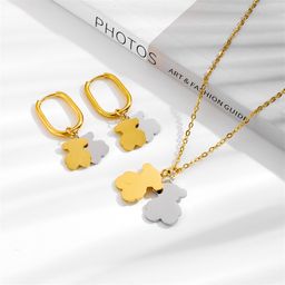 thumbnail for Cub Bear Stainless Steel Bicolor Earrings European and American Cross-border Bicolor Bear All-match Men's and Women's Simple Stainless Steel Cub Bear Necklace