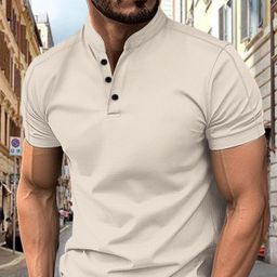 thumbnail for Camisa polo casual de manga curta com gola alta em tecido waffle para homens da AliExpress e Amazon.