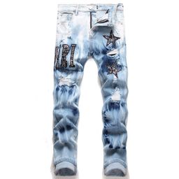 thumbnail for Am Export Style Punk Retro Ripped Slim Stretch Casual Versatile Printed Printed and Dyed Small-Foot Jeans 3091