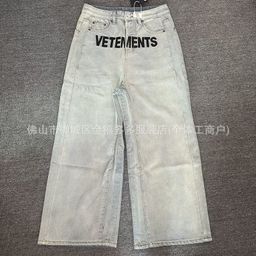 thumbnail for Cross-Border Trade Vet American Retro Letter Embroidered Denim Loose Baggy Wide-Leg Pants for Men Trendy