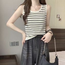 thumbnail for Striped U-Neck Ice Silk Tank Top for Women, Summer Outerwear, Stylish Knit Inner Layer, Sleeveless Slim-Fit Camisole