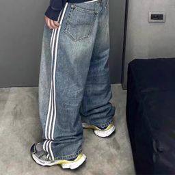 thumbnail for American Style Retro Washed Distressed Vibe Side Stripe Jeans Men&#039;s and Women&#039;s Loose Niche Design Long Pants