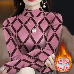 thumbnail for German velvet warm plus-size women's clothing ~ 2025 autumn and winter new loose printed T-shirt long sleeves cover the belly for mothers to put on clothes