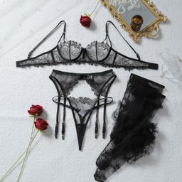 thumbnail for European and American 2026 high-end royal sister low-cut embroidered underwire gathering sexy double strap shaping underwear set with stockings