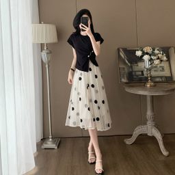 thumbnail for 2025 summer new design irregular suit slimming temperament top embroidered polka dot skirt two-piece set