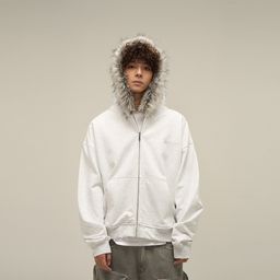 thumbnail for American Style Retro Wool Collar Couple Hooded Zipper Cardigan Sweater Autumn and Winter Men&#039s Fashionable High-end Sense Jacket